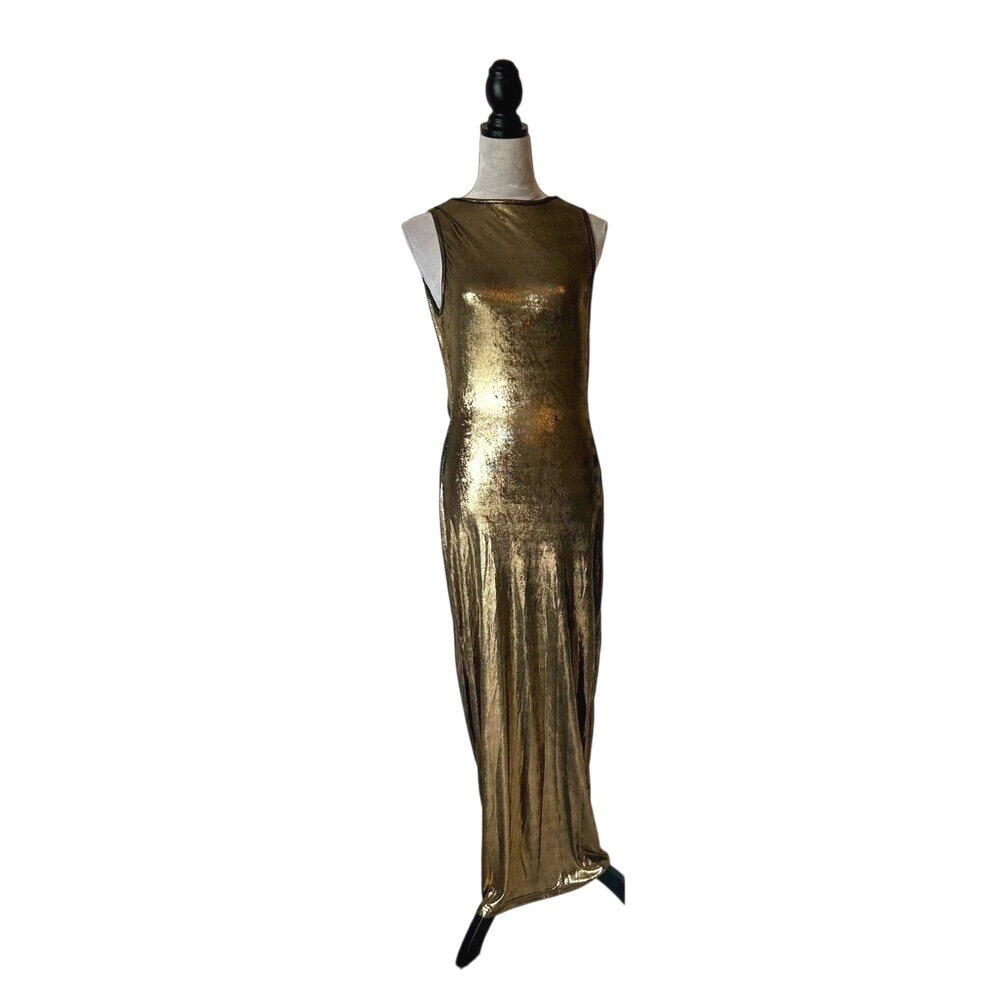 SHEIN Metallic Gold Movie Star Vibe‎ Cowl Back Maxi Formal Gown Large US 8/10
